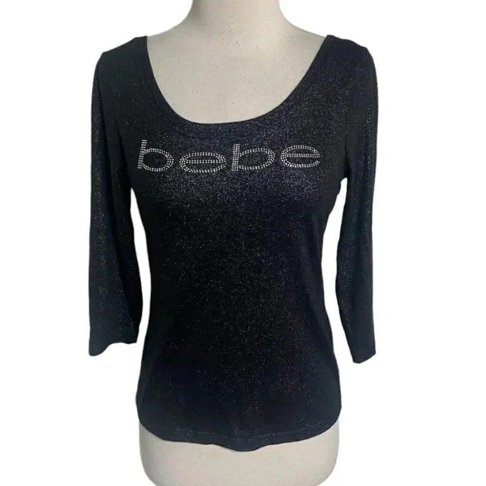 Bebe Black Shimmer Rhinestone Logo Scoop Neck 3/4 Sleeve Top Small 891121B9